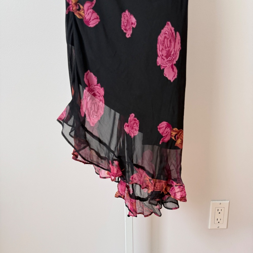 Betsey Johnson M Black Floral Silk Midi Dress Asymmetrical Ruffle Whimsigoth - Picture 3 of 7
